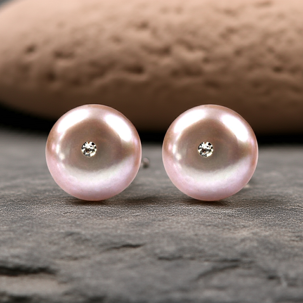 Roze zoetwater parel oorbellen met stras steentje, parel oorknopjes liggend op grijze steen | Mea Bling Pu