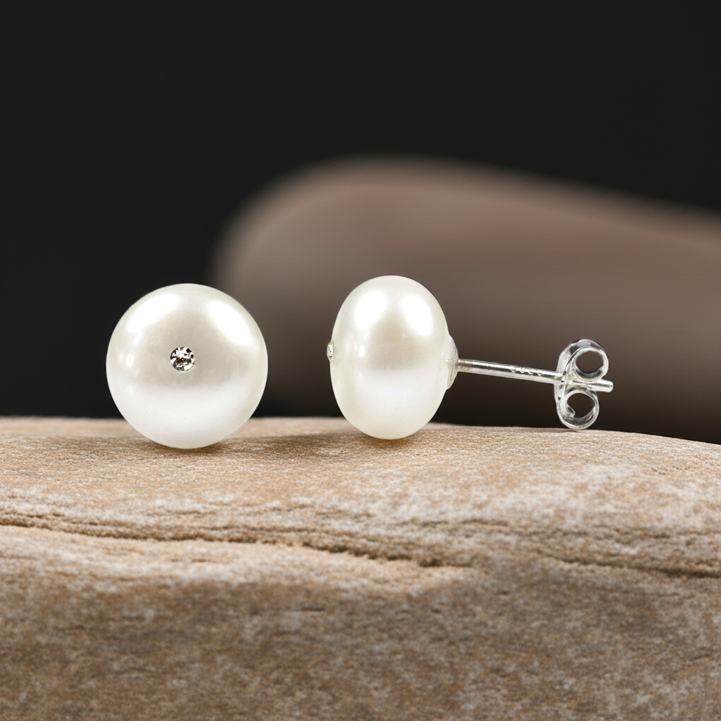 Witte zoetwater parel oorbellen met stras steentje, parel oorknopje, liggend op sbeige steen, voor en zijaanzicht | Cadeau set zoetwater parel oorbellen Bling Mea Box One