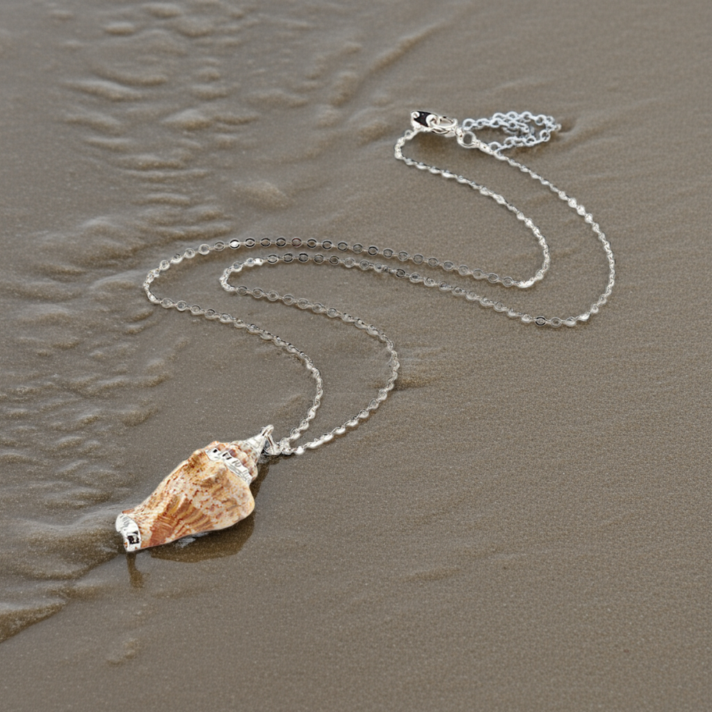 Schelpen ketting liggend op nat strand | Seashell Silver