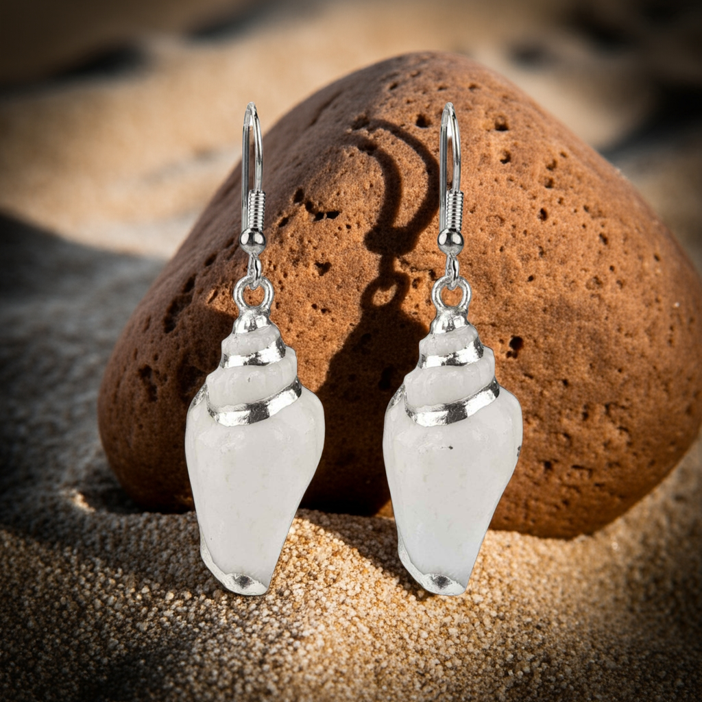 Witte schelpen oorbellen liggend op strand tegen steen | White Calau Shell Silver