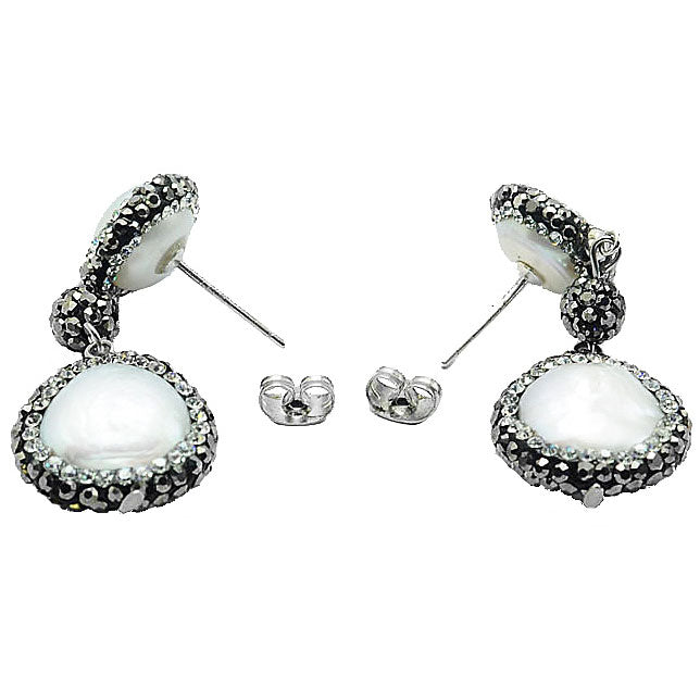 Lange zoetwater parel oorbellen met witte parels en stras steentjes en sterling zilver (925), achterkant | Bright Pearl Dangling Coin