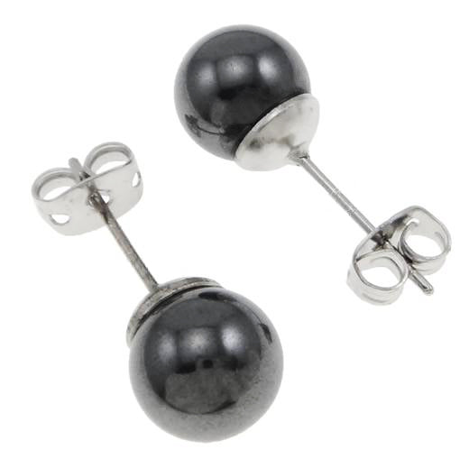 Zwarte edelstenen oorbellen met hematiet stenen, zwarte hematiet oorknopjes 6 mm voor- en achteraanzicht | Hematite Stud 6 mm
