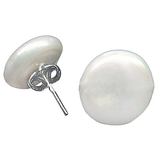Grote witte zoetwater parel oorbellen met sterling zilveren oorstekers, parel oorknopje, voor- en achteraanzicht | Big White Coin Pearl