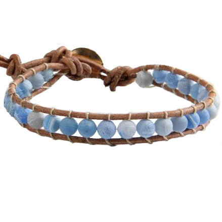 Blauw edelstenen armband met agaat en leer | Wrap Blue Agate Effloresce
