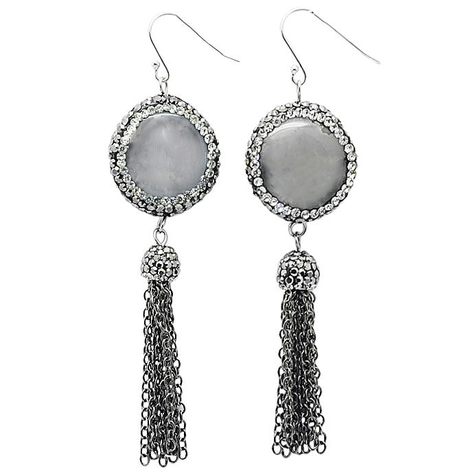 Lange grijze edelstenen oorbellen met agaat, stras steentjes, sterling zilver en kwastje | Bright Nature Agate Tassel