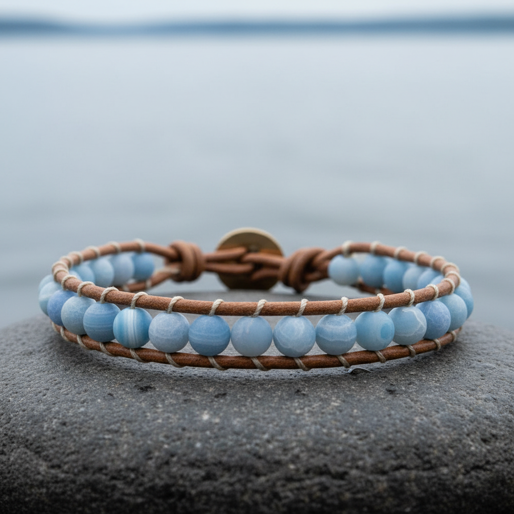 Blauw edelstenen armband met agaat en leer liggend op steen in water | Wrap Blue Agate Effloresce