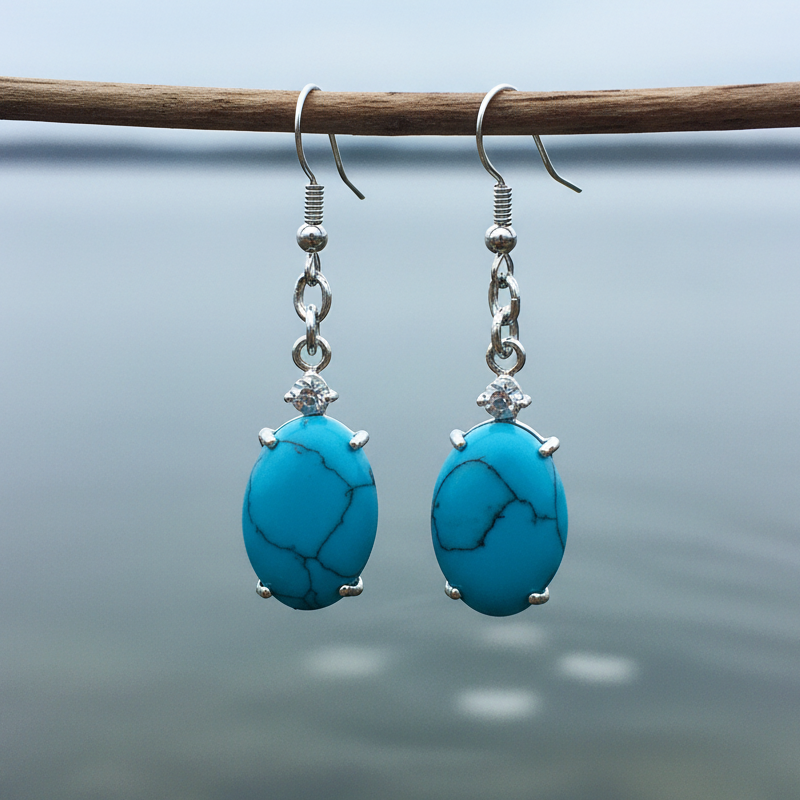 Blauw edelstenen oorbellen met turkoois, stras steentje en sterling zilver (925) hangend aan takje | Turquoise Oval