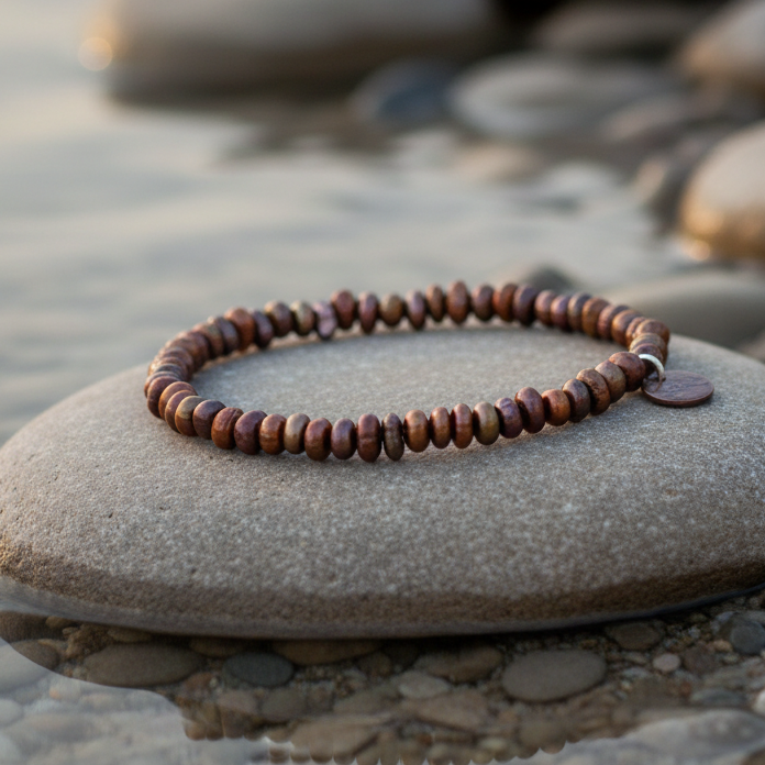 Bruin zoetwater parel armband, elastisch liggend op steen in water | Biba Brown Nugget Pearl