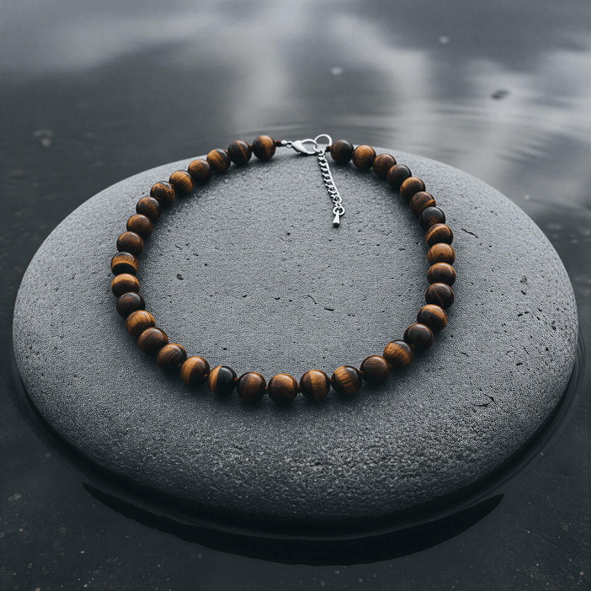Bruine handgeknoopte edelstenen ketting met tijgeroog en sterling zilver (925)liggend op steen in water | Tiger Eye Ball