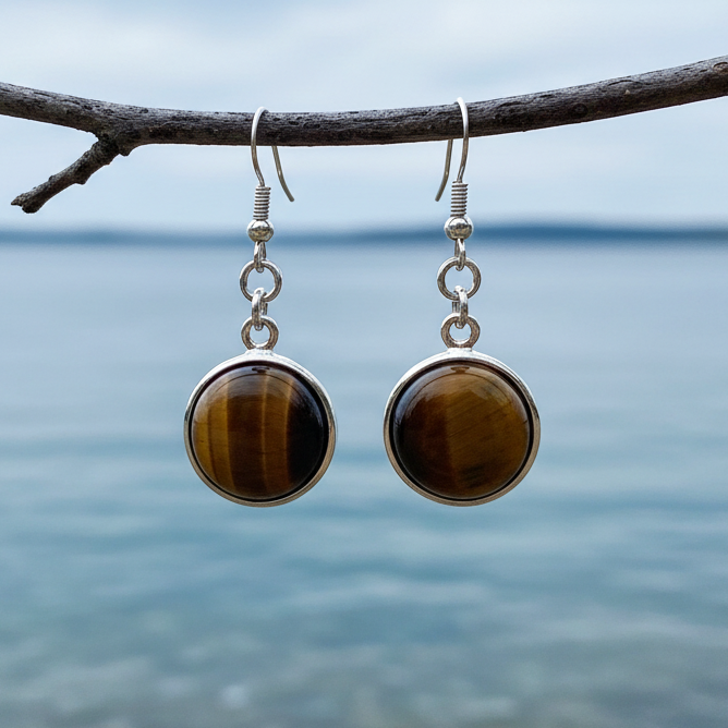 Bruine edelstenen oorbellen met ronde tijgeroog en sterling zilver (925) hangend aan tak | Tiger Eye Round
