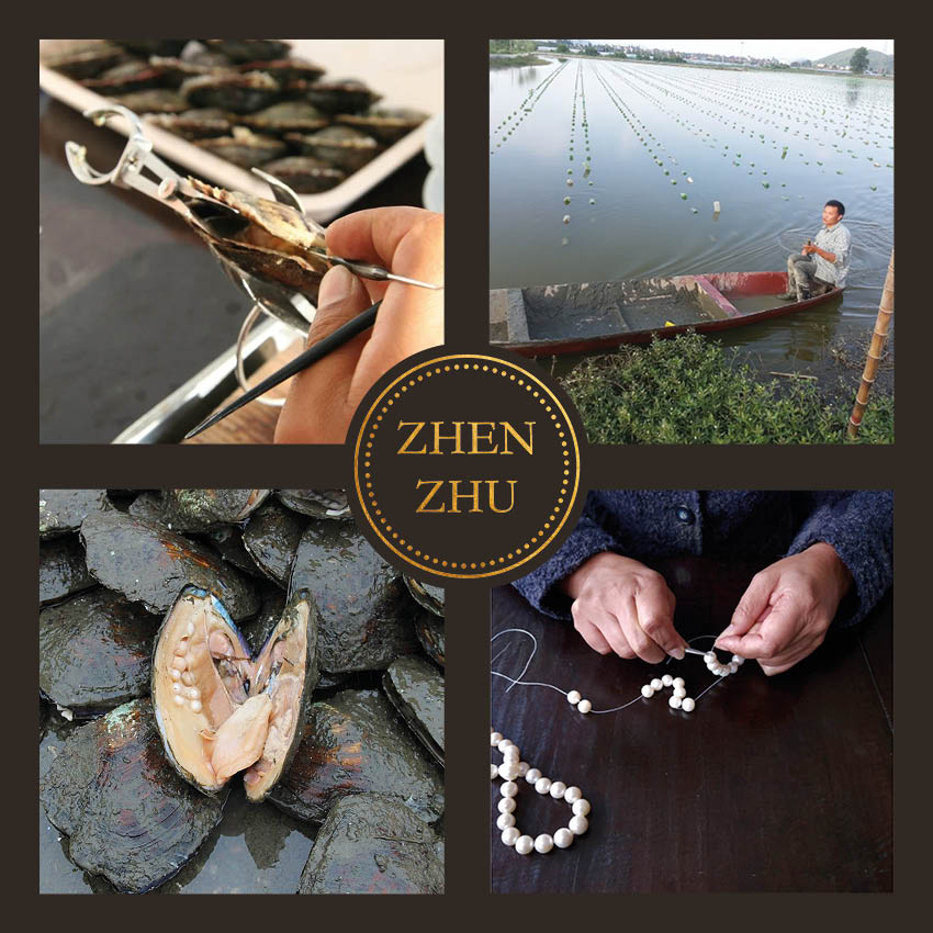 Een overzicht van 4 plaatjes waarbij je parels in een oester ziet, een kweekvijver met parels en het knopen van een parels sieraad | Zaza