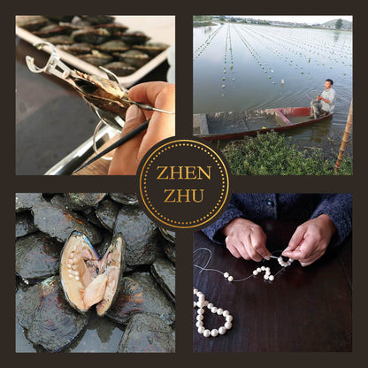 Een overzicht van 4 plaatjes waarbij je parels in een oester ziet, een kweekvijver met parels en het knopen van een parels sieraad Bold Gold Pearl Hematite