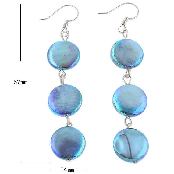 Lange zoetwater parel oorbellen met blauwe parels en sterling zilver, maat indicatie | Sky Blue Coin Pearl