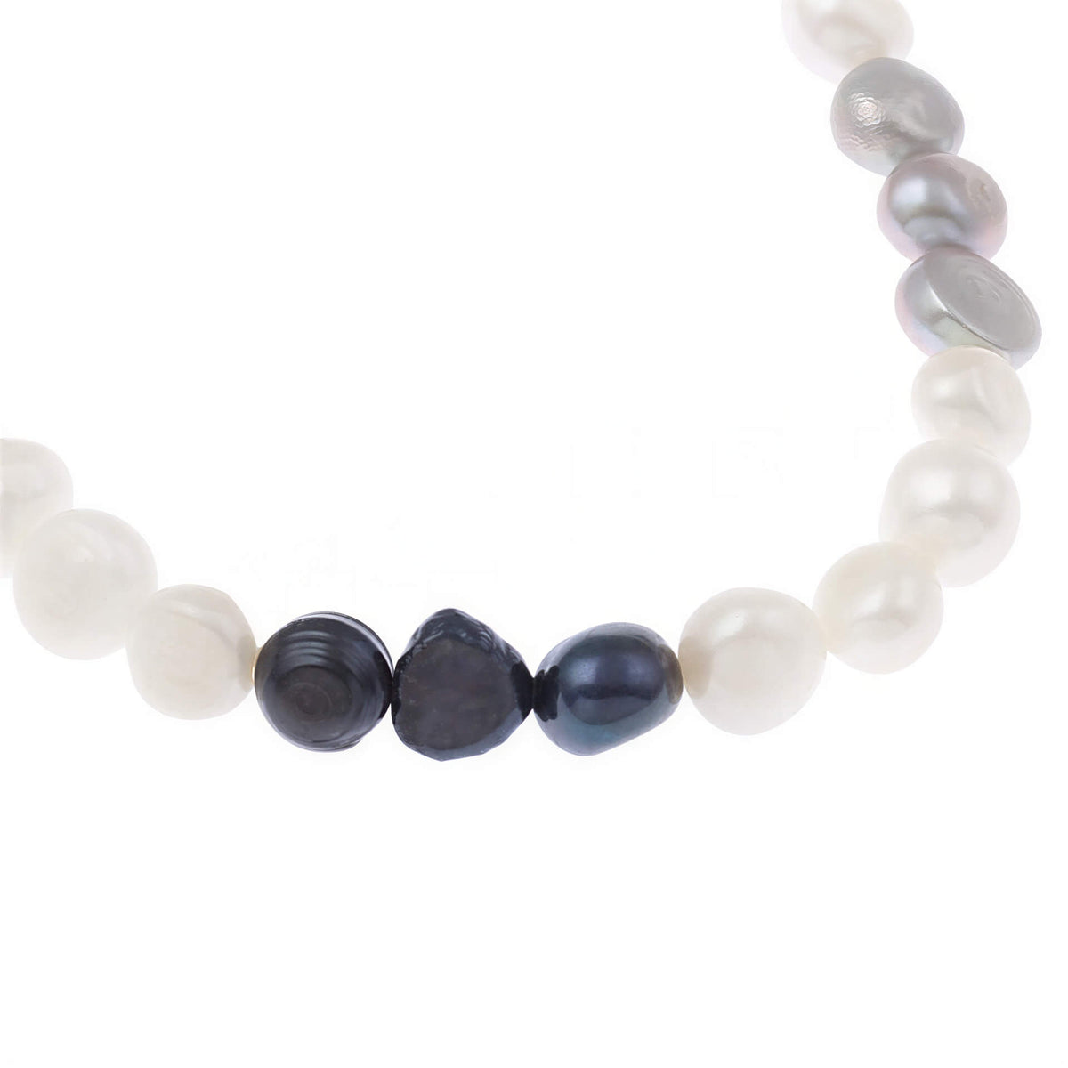 Detail van zoetwater parel armband met witte, grijze en blauwe parels, elastisch | Pearl Trio White Grey Blue