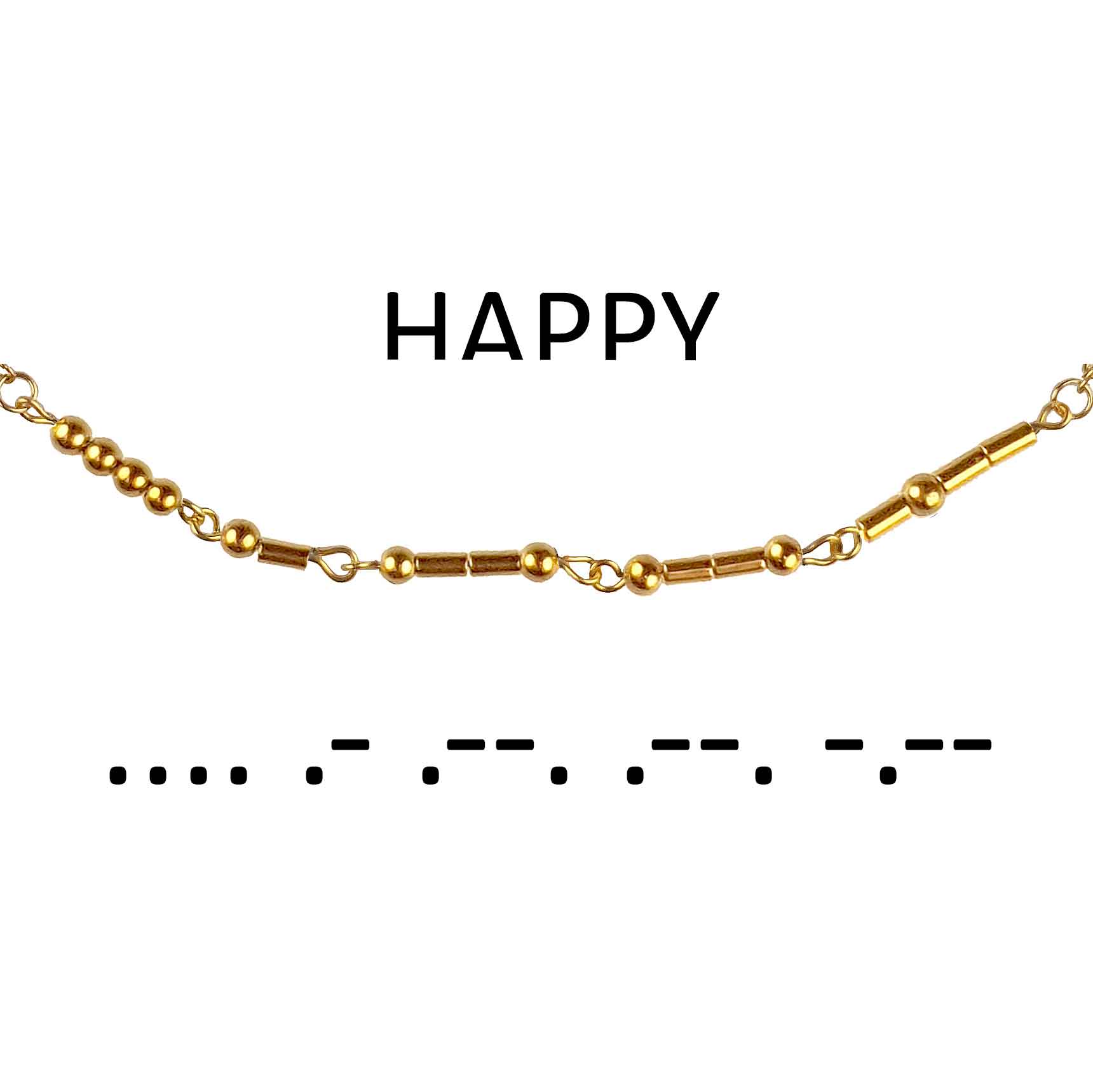 Detail van gouden edelstenen ketting met goud edelstaal en hematiet stenen die het woord HAPPY in morse code weer geeft | Morse Code Happy Gold Hematite