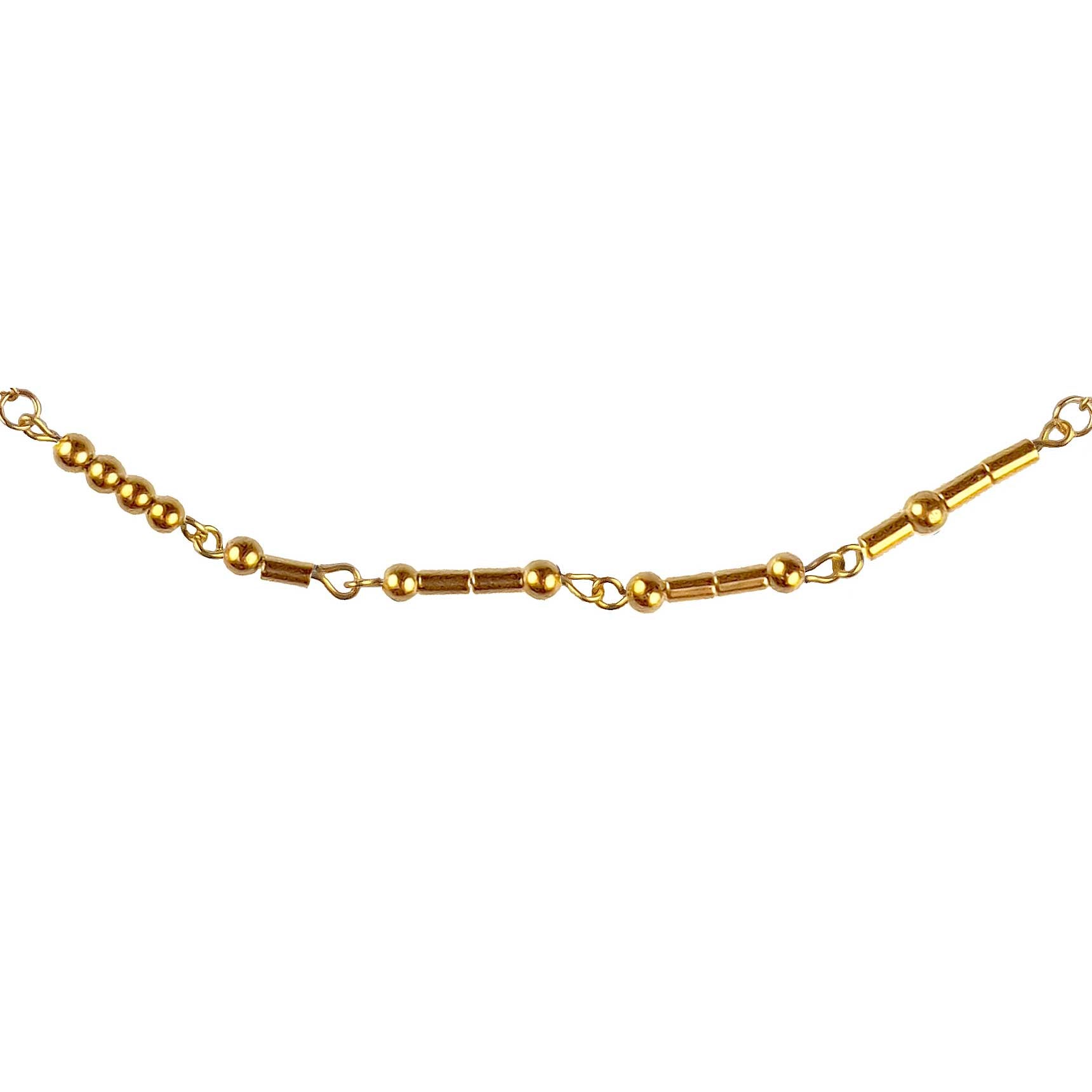 Detail van gouden edelstenen ketting met goud edelstaal en hematiet stenen die het woord HAPPY in morse code weer geeft | Morse Code Happy Gold Hematite