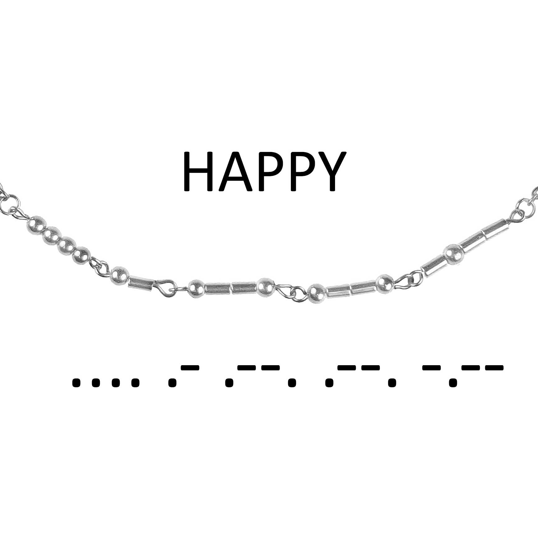 Detail van zilveren edelstenen ketting met zilver edelstaal en hematiet stenen die het woord HAPPY in morse code weer geeft | Morse Code Happy Silver Hematite