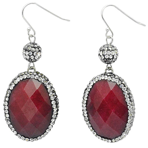 Rode edelstenen oorbellen met jade, stras steentjes en sterling zilver (925) | Bright Red Jade Oval