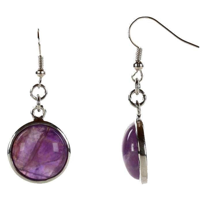 Paarse edelstenen oorbellen met amethist en sterling zilver (925), voor- en zijaanzicht | Amethyst Round