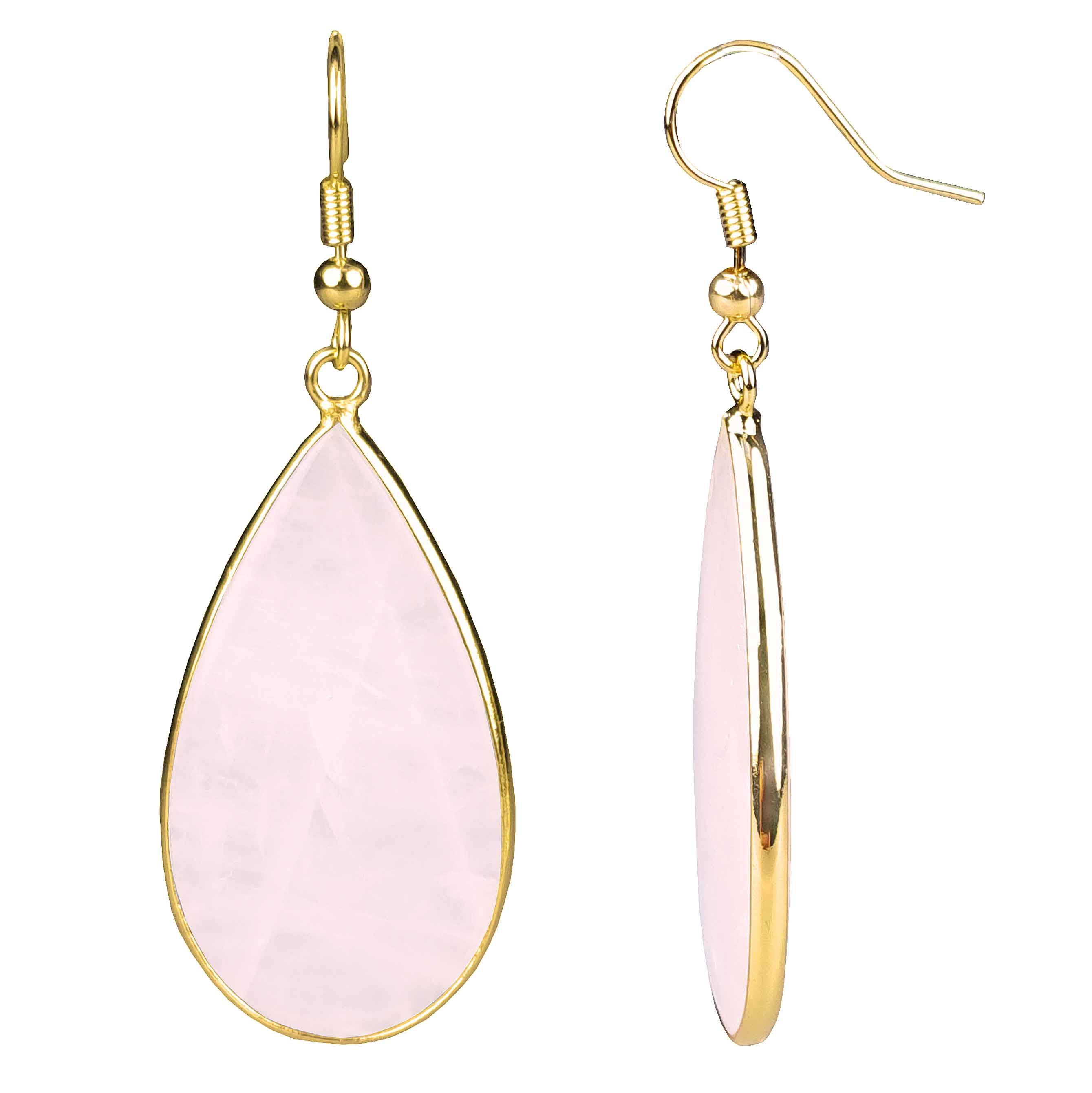 Roze edelstenen oorbellen met rozenkwarts en goud edelstaal, voor - en zijaanzicht | Big Teardrop Rose Quartz Gold