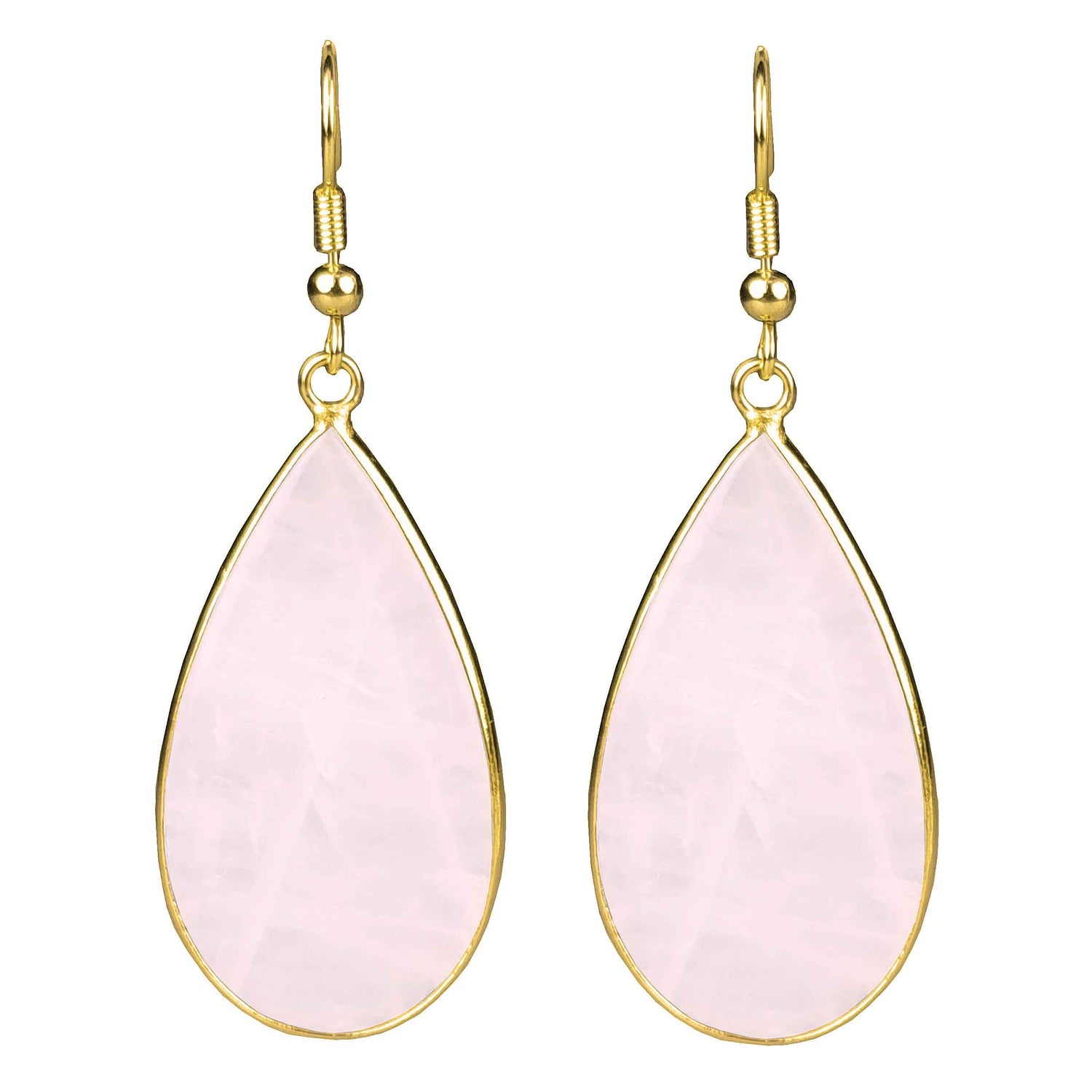 Roze edelstenen oorbellen met rozenkwarts en goud edelstaal vooraanzicht | Big Teardrop Rose Quartz Gold