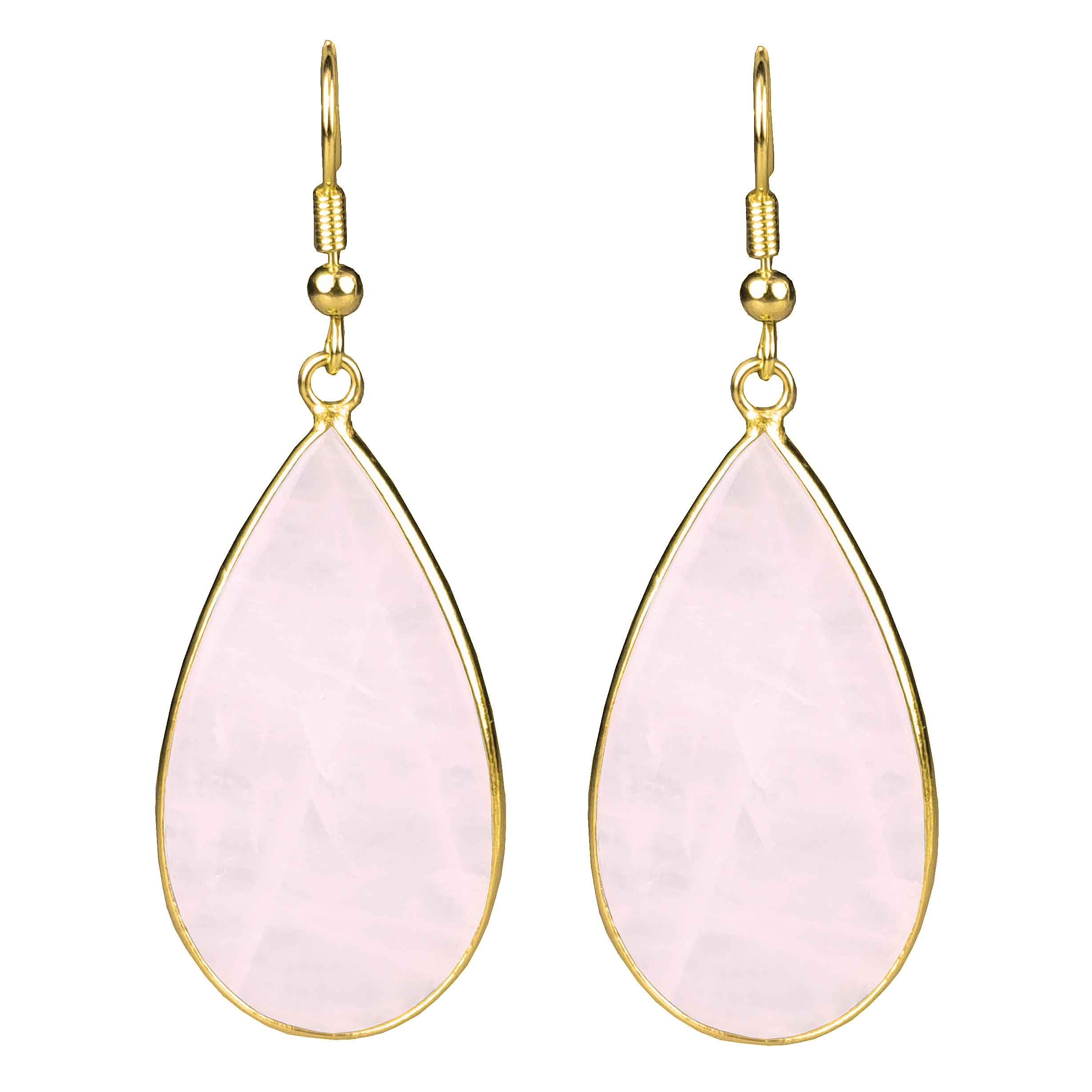 Roze edelstenen oorbellen met rozenkwarts en goud edelstaal vooraanzicht | Big Teardrop Rose Quartz Gold