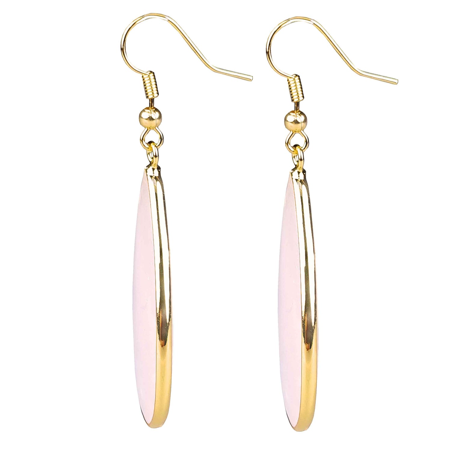 Roze edelstenen oorbellen met rozenkwarts en goud edelstaal zijaanzicht | Big Teardrop Rose Quartz Gold