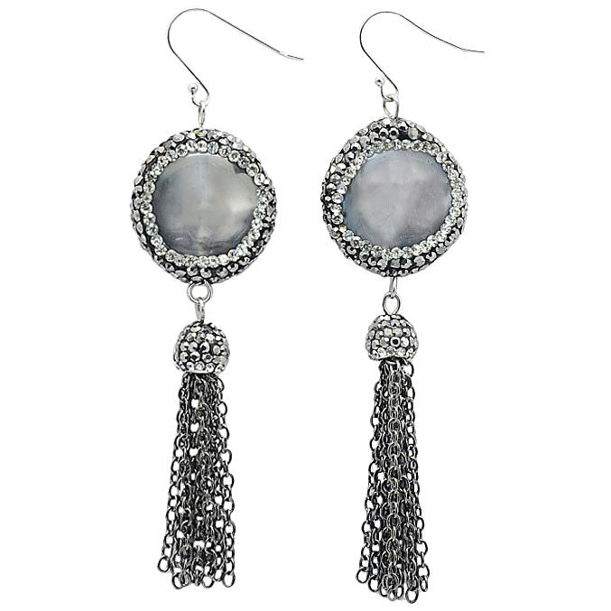 Lange grijze edelstenen oorbellen met agaat, stras steentjes, sterling zilver en kwastje ander paar oorbellen | Bright Nature Agate Tassel