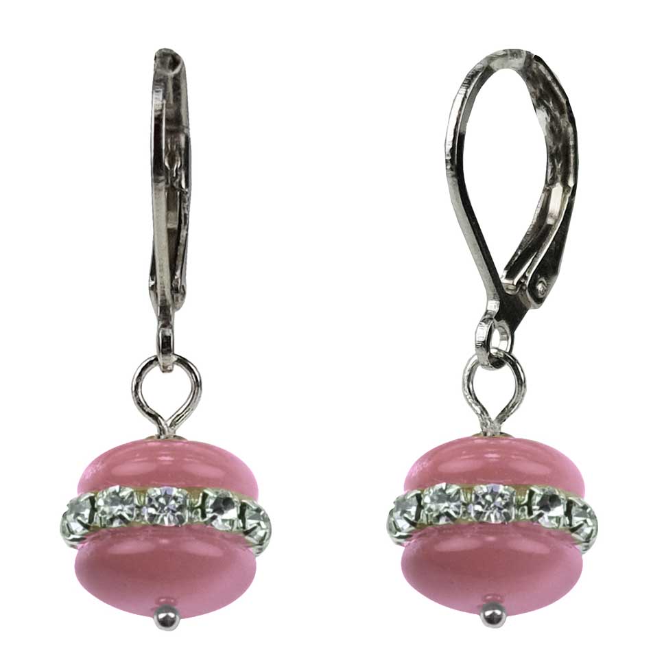 Roze edelstenen oorbellen met stras stenen en sterling zilver, voor en zijaanzicht | Cat&