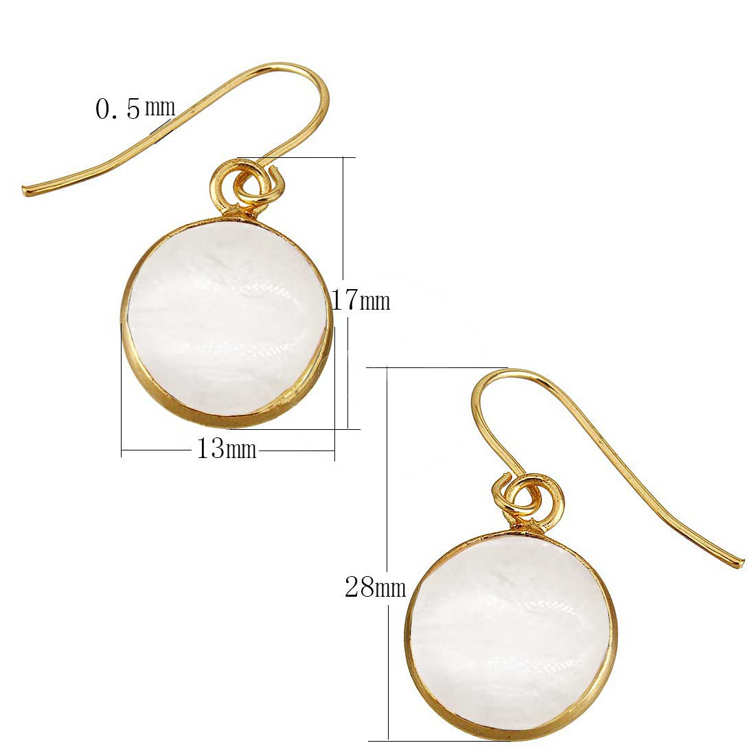 Helder transparante edelstenen oorbellen met goud edelstaal met maatindicatie| Clear Quartz Gold Round