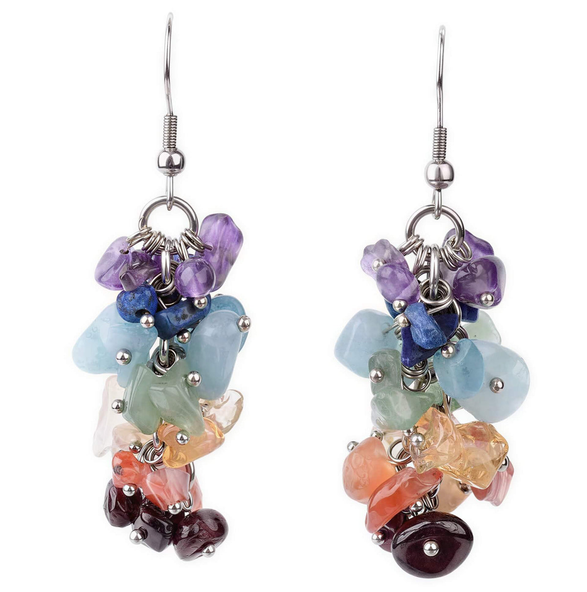 Edelstenen oorbellen met veel gekleurde edelstenen en zilver edelstaal vooraanzicht | Gemstone