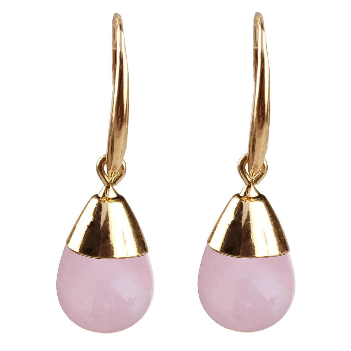 Roze edelstenen oorbellen met rozenkwarts, vooraanzicht - Gold Dip Rose Quartz