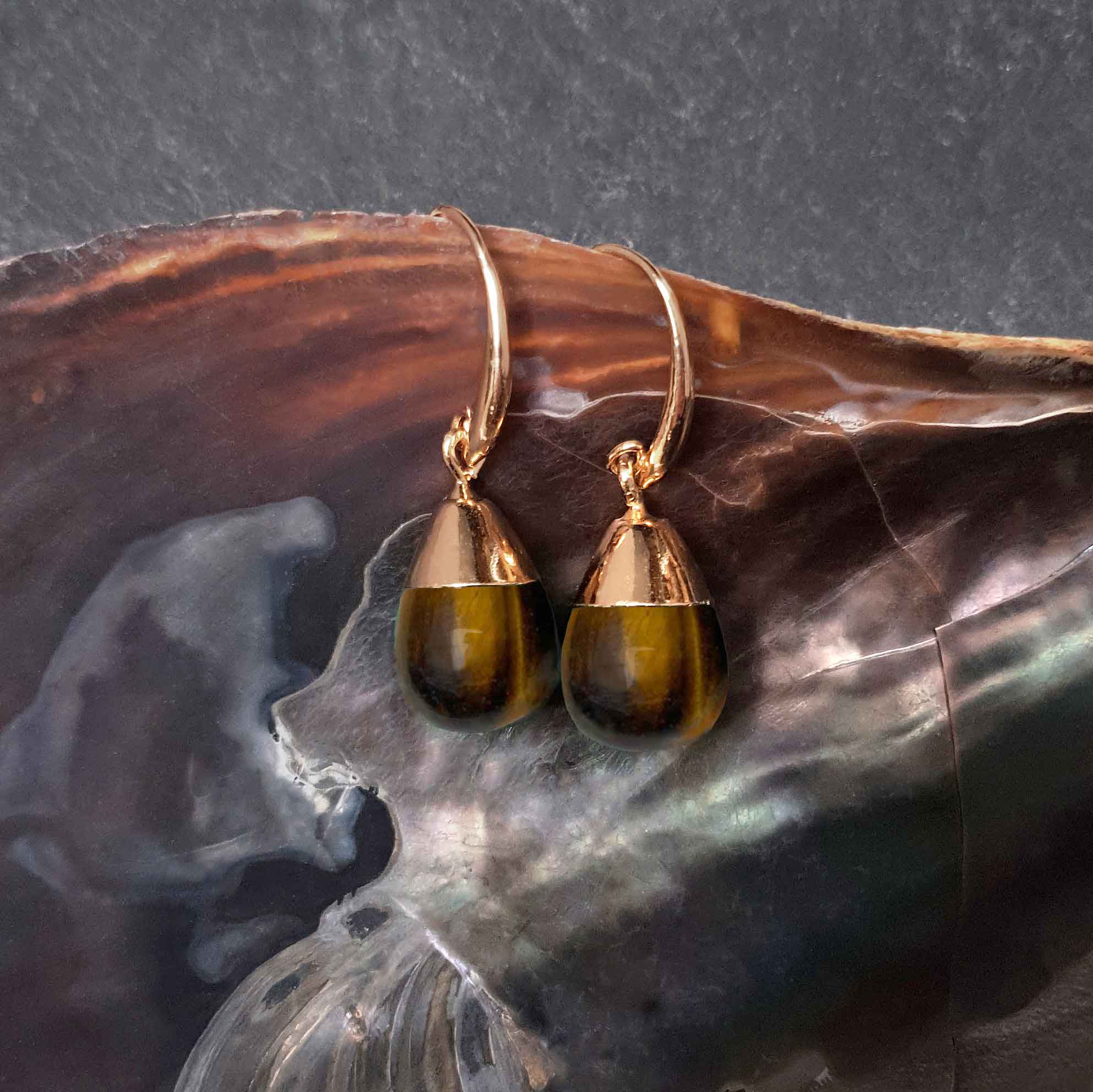 Bruine edelstenen oorbellen met tijgeroog en goud hangend in schelp | Gold Dip Tiger Eye