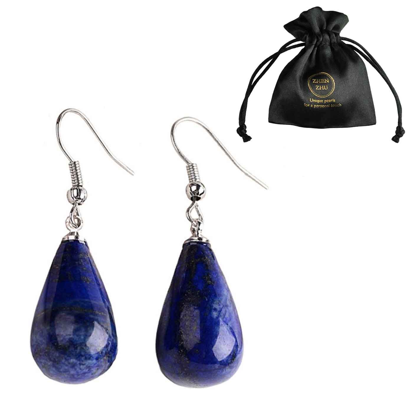 Blauwe edelstenen oorbellen met zwart sieraden zakje | Lapis Lazuli Big Drop