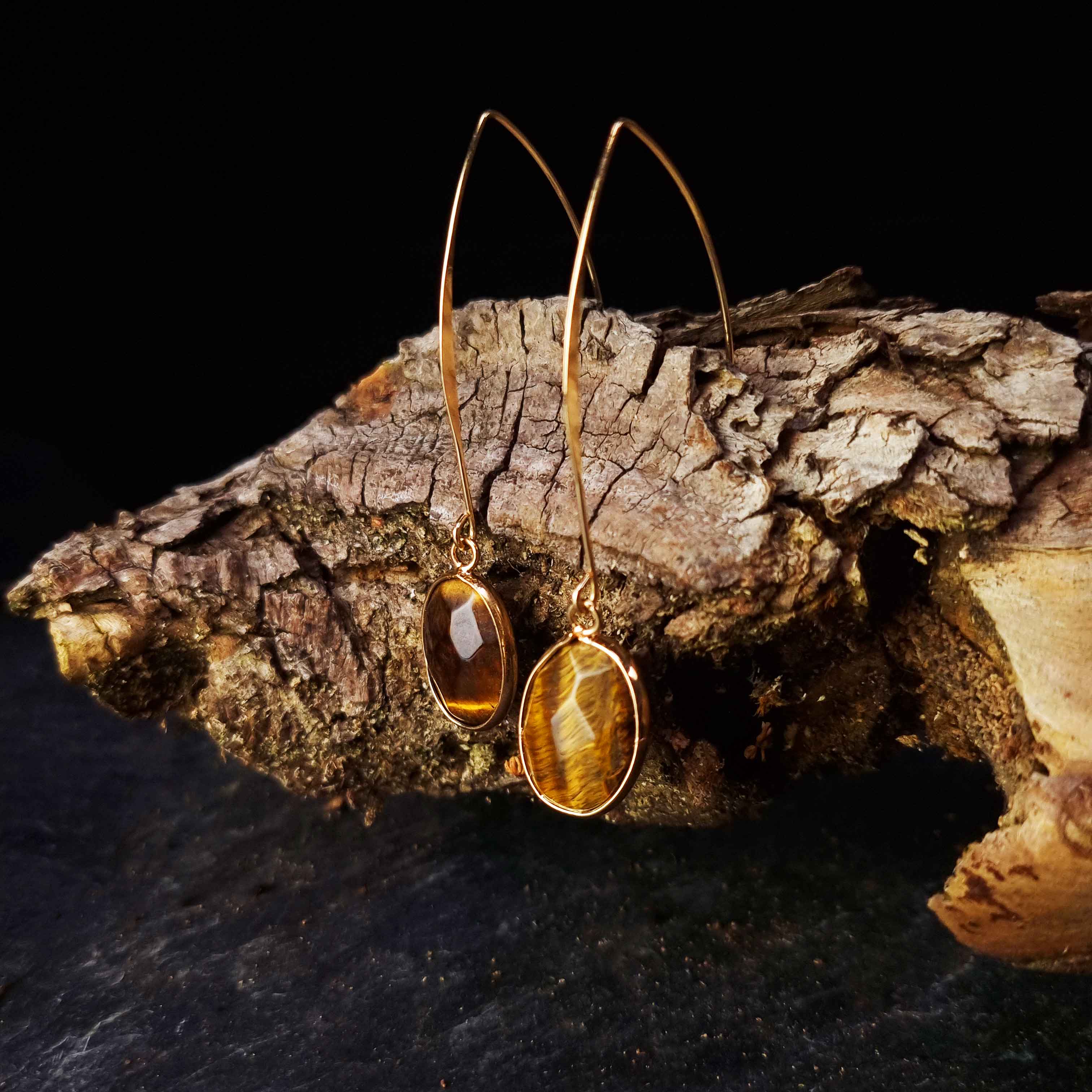 Edelstenen oorbellen Long Tiger Eye Gold