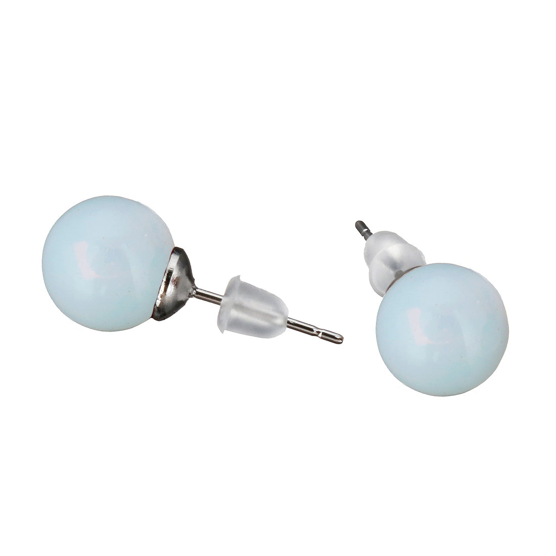 Licht blauwe oorknopjes met opaal voor en zijaanzicht | Sea Opal Ball