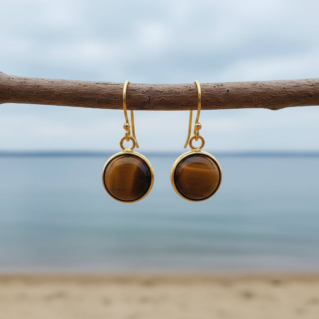 Bruine edelstenen oorbellen met tijgeroog en goud edelstaal hangend aan takje | Tiger Eye Gold Round