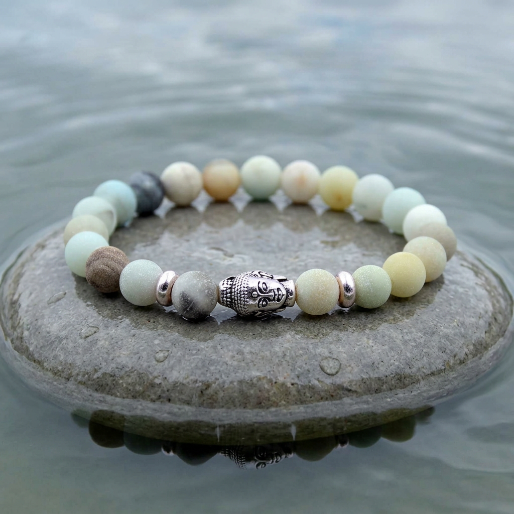 Edelstenen armband met amazoniet en een Boeddha hoofd liggend op steen in water | Elastisch | Buddha Frozen Amazonite