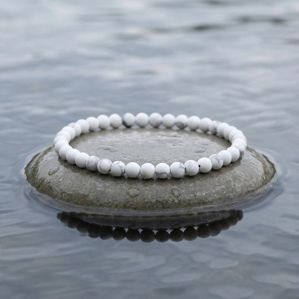 Wit edelstenen armband met howliet liggend op steen in water | Little Howlite