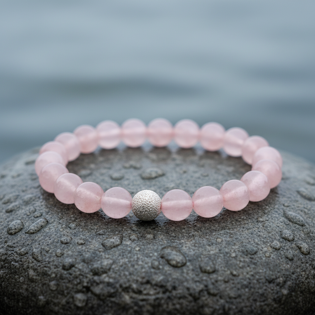 Close-up vooraanzicht rozenkwarts armband zalmroze