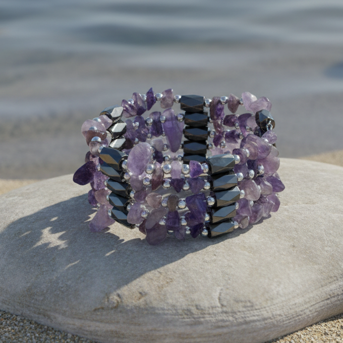 Paarse edelstenen armband met amethist en magnetiet liggend op lichte steen | Wrap Magnetite Amethyst