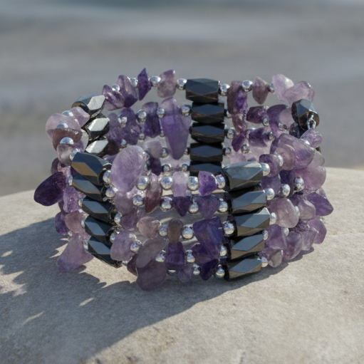 Paarse edelstenen armband met amethist en magnetiet liggend op lichte steen | Wrap Magnetite Amethyst