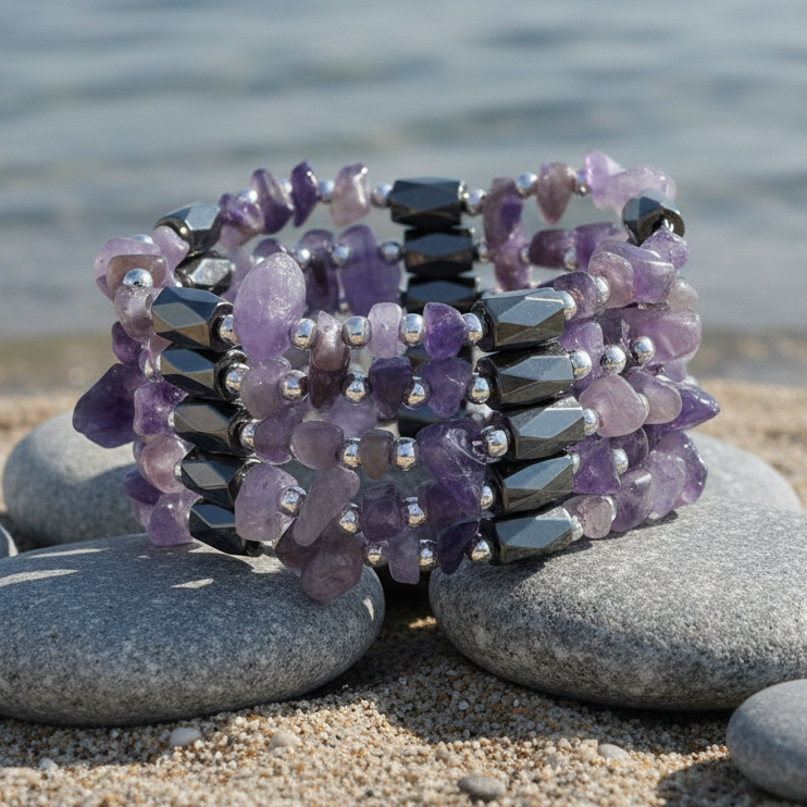 Paarse edelstenen armband met amethist en magnetiet liggend op steen aan waterrand | Wrap Magnetite Amethyst