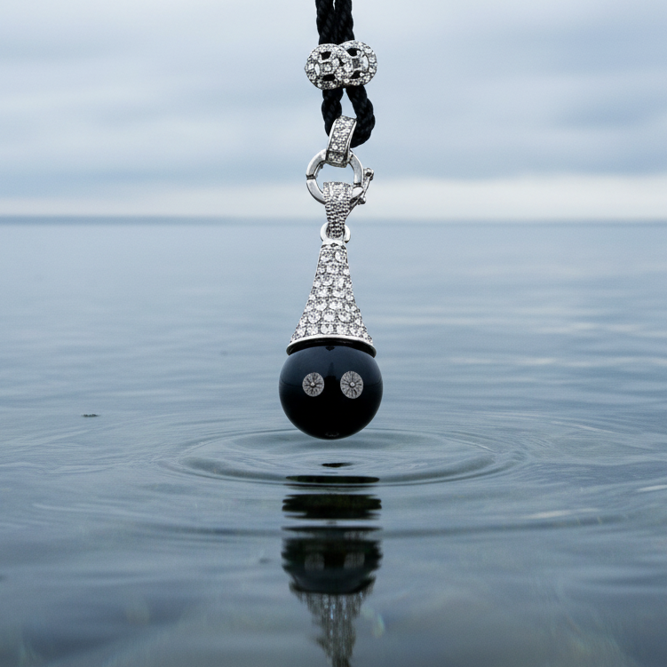 Zwarte edelstenen ketting met stras stenen en zwarte agaat hangend boven water | Bling Black Agate Bling
