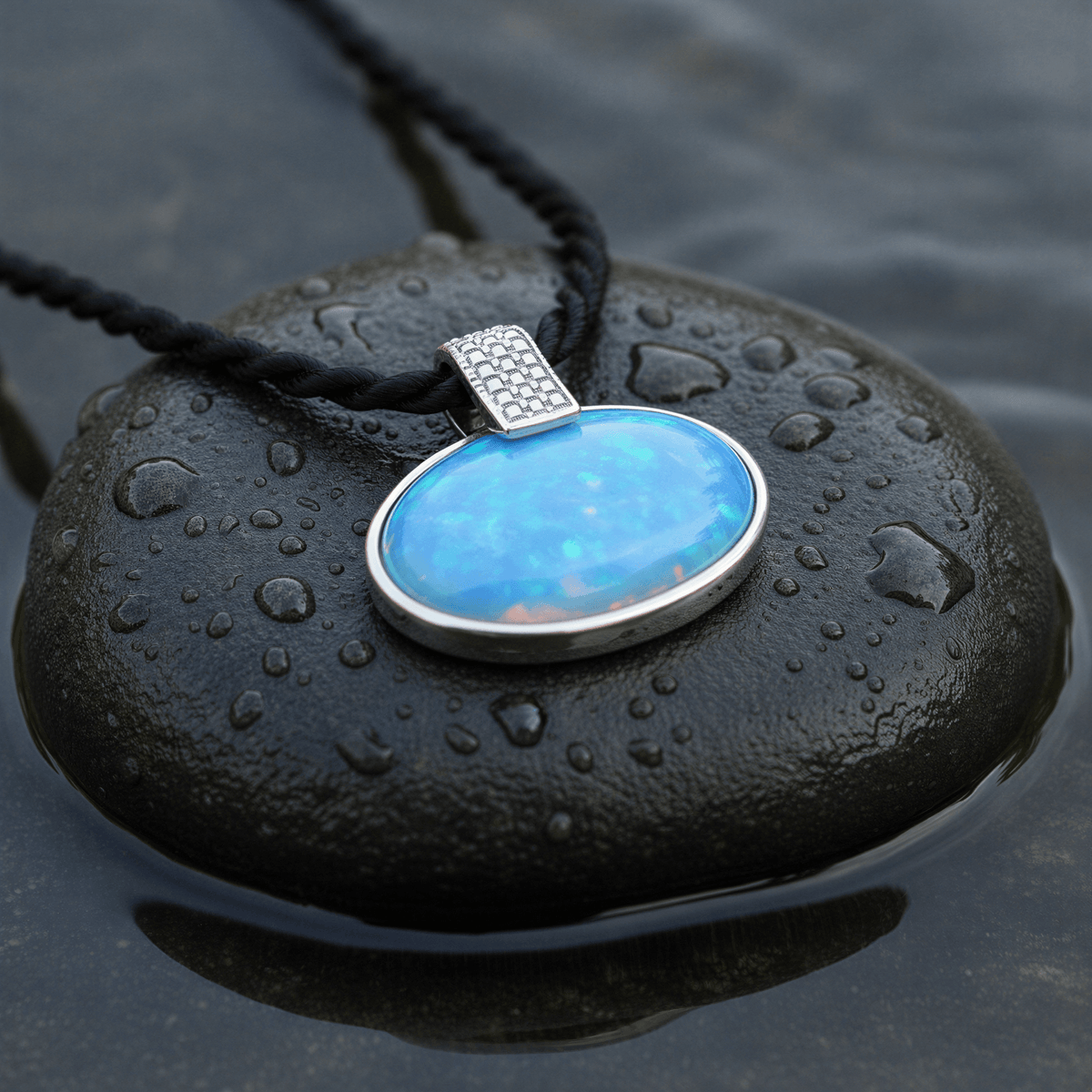 Blauwe edelstenen ketting met zee opaal liggend op steen in water close up | Nadja