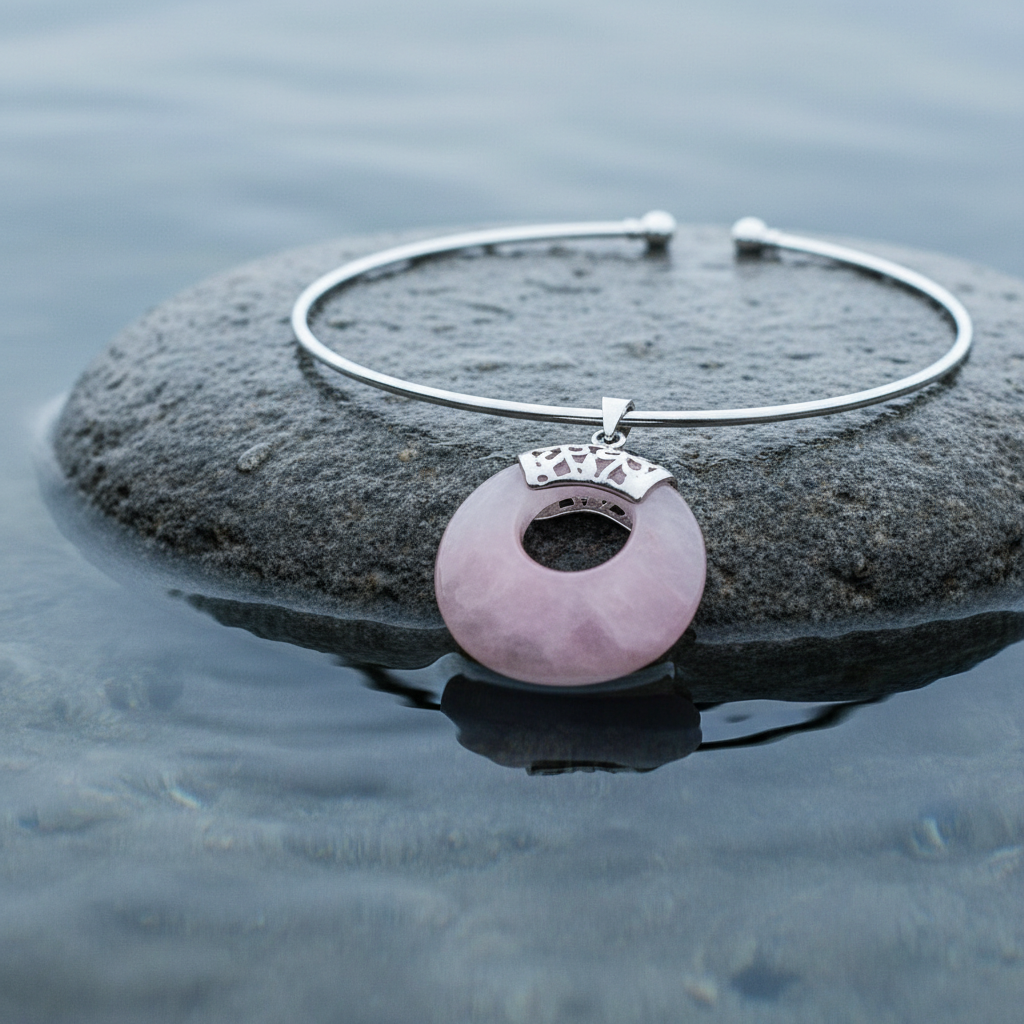 roze edelstenen ketting met rozenkwarts in vorm van donut liggend op steen close up | Rosé Quartz Donut