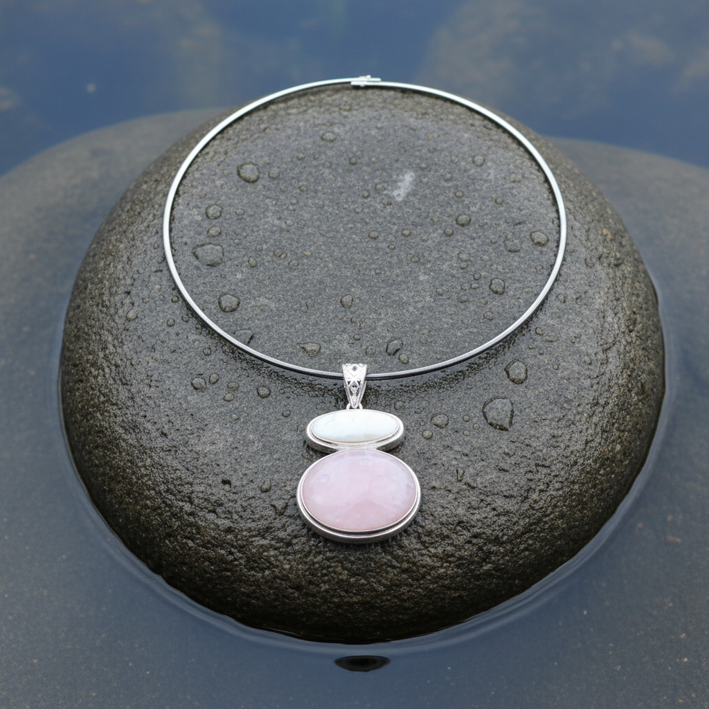 Roze edelstenen ketting met rozenkwarts en wit parelmoeren hanger liggend op steen | Rosé Quartz & White Shell