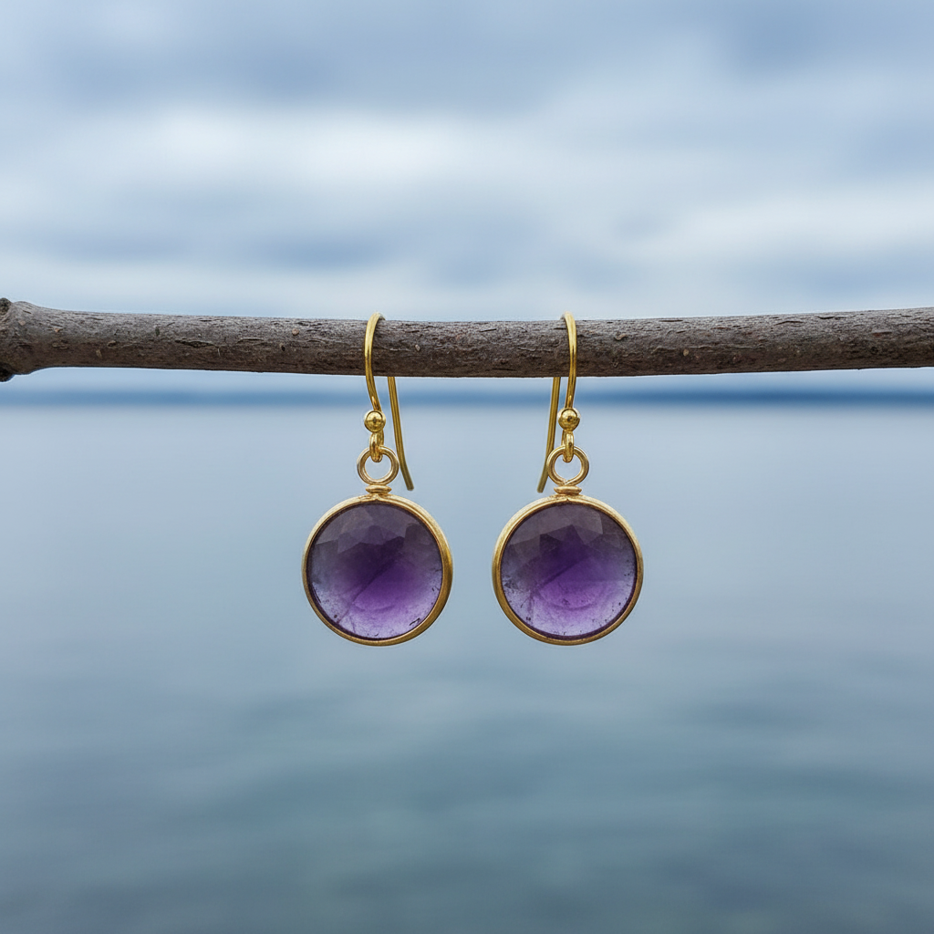 Paarse edelstenen oorbellen met goud edelstaal hangend aan takje | Amethyst Gold Round