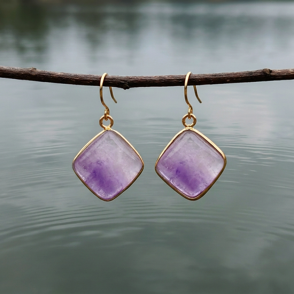 Paarse edelstenen oorbellen met goud edelstaal hangend aan takje boven water | Amethyst Gold Square
