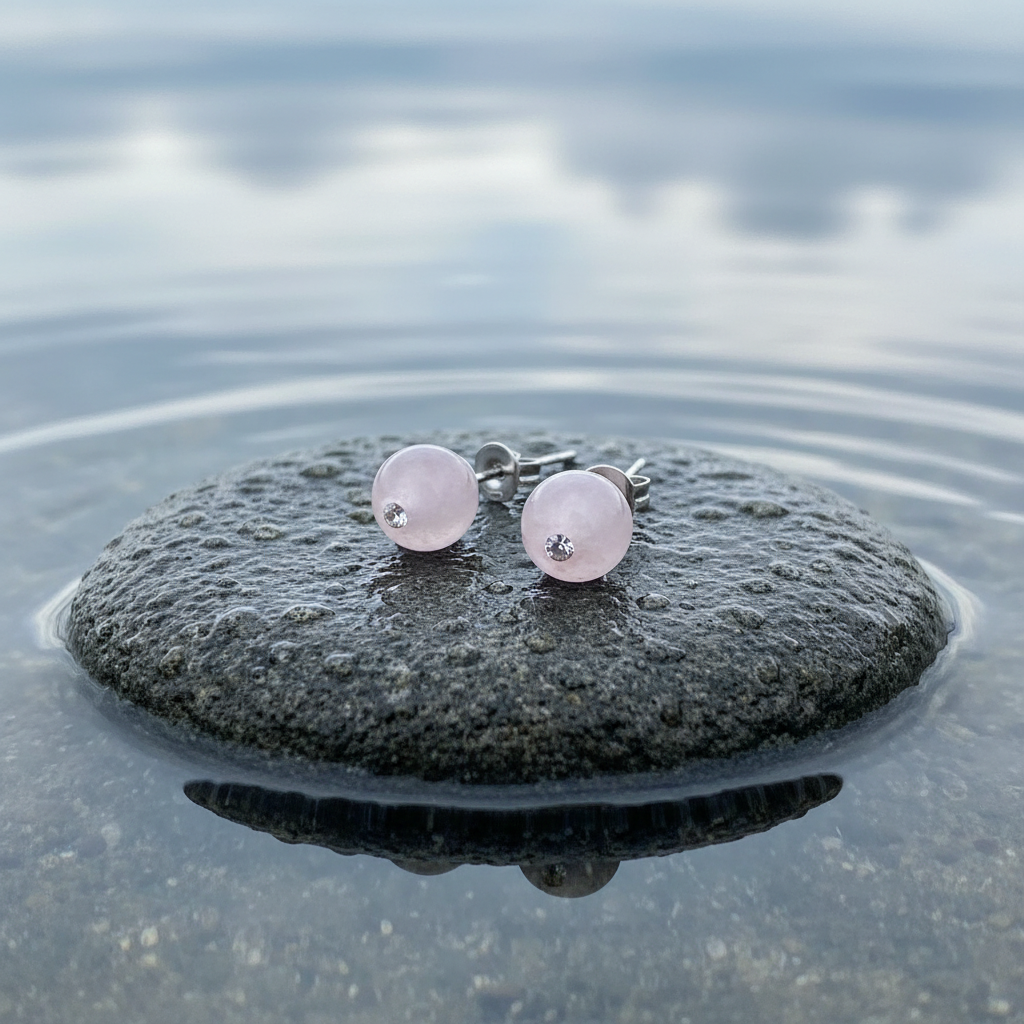 Roze edelstenen oorbellen met rozenkwart, roze edelstenen oorknopjes liggend op steen| Bling Roze Quartz